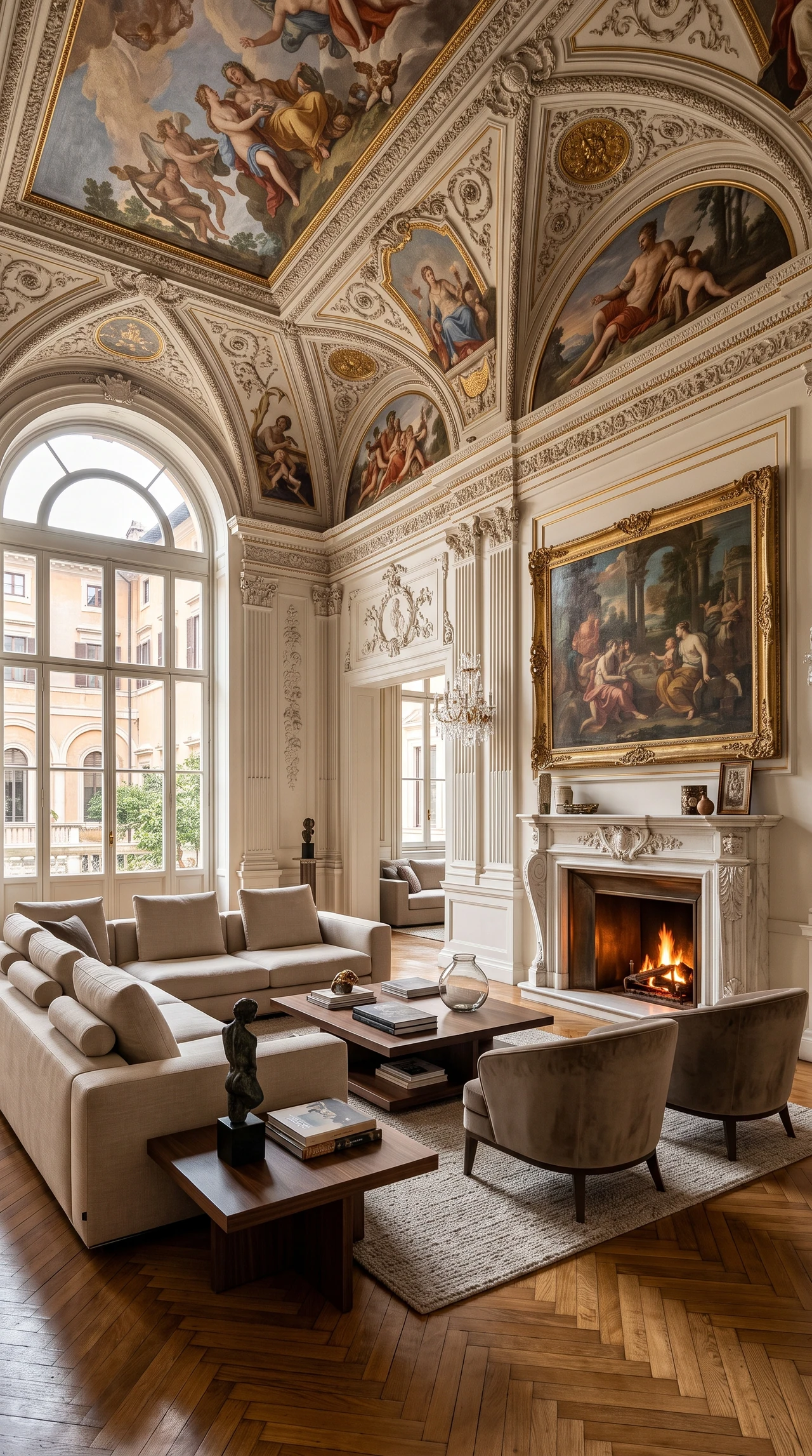 Palazzo Aurelio — salone affrescato Il salone affrescato con camino, sedute e ampie finestre.