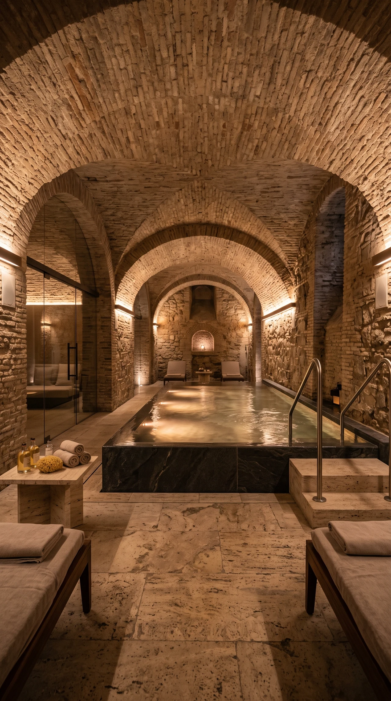 L’area wellness con piscina interna sotto le volte in mattoni.