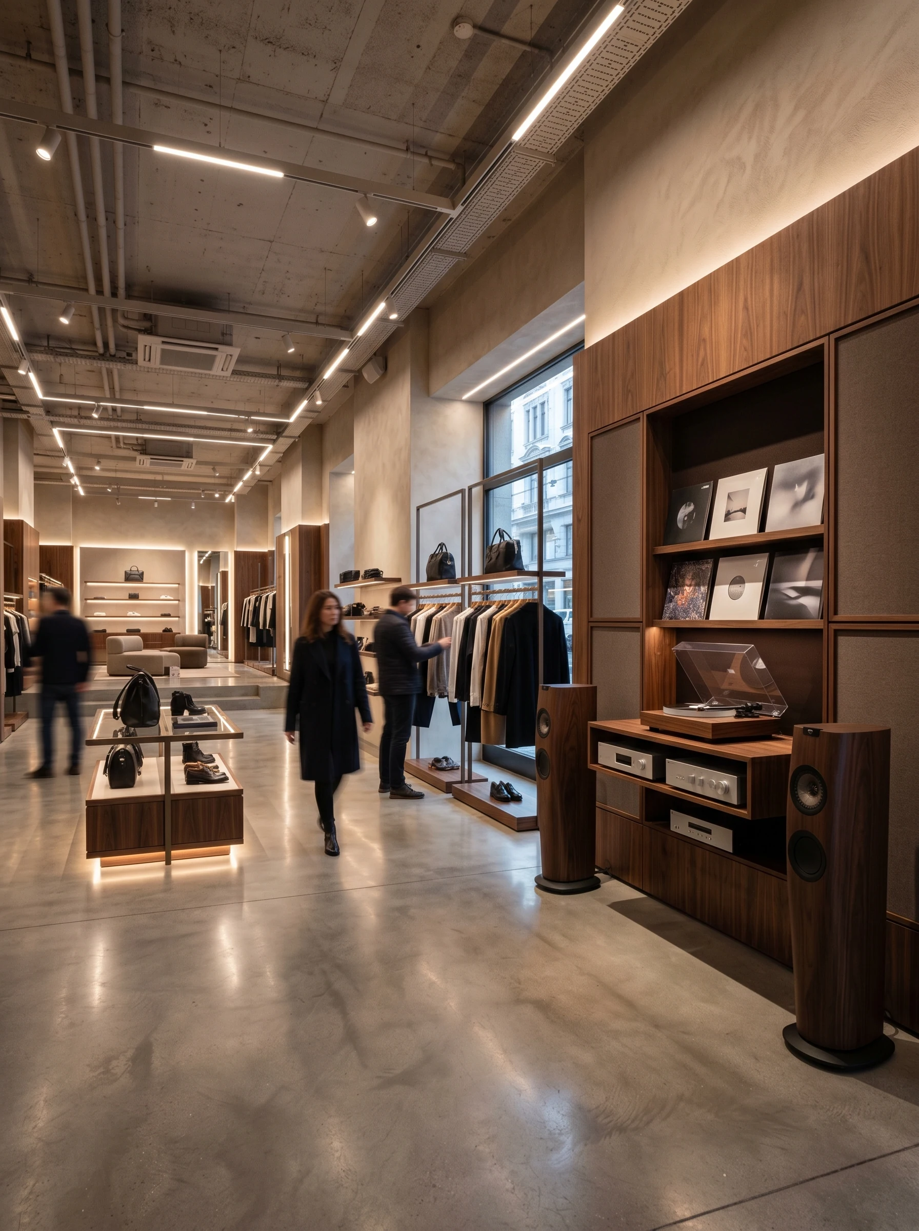 Percorso di una boutique con scaffalature, luce e audio coordinati.