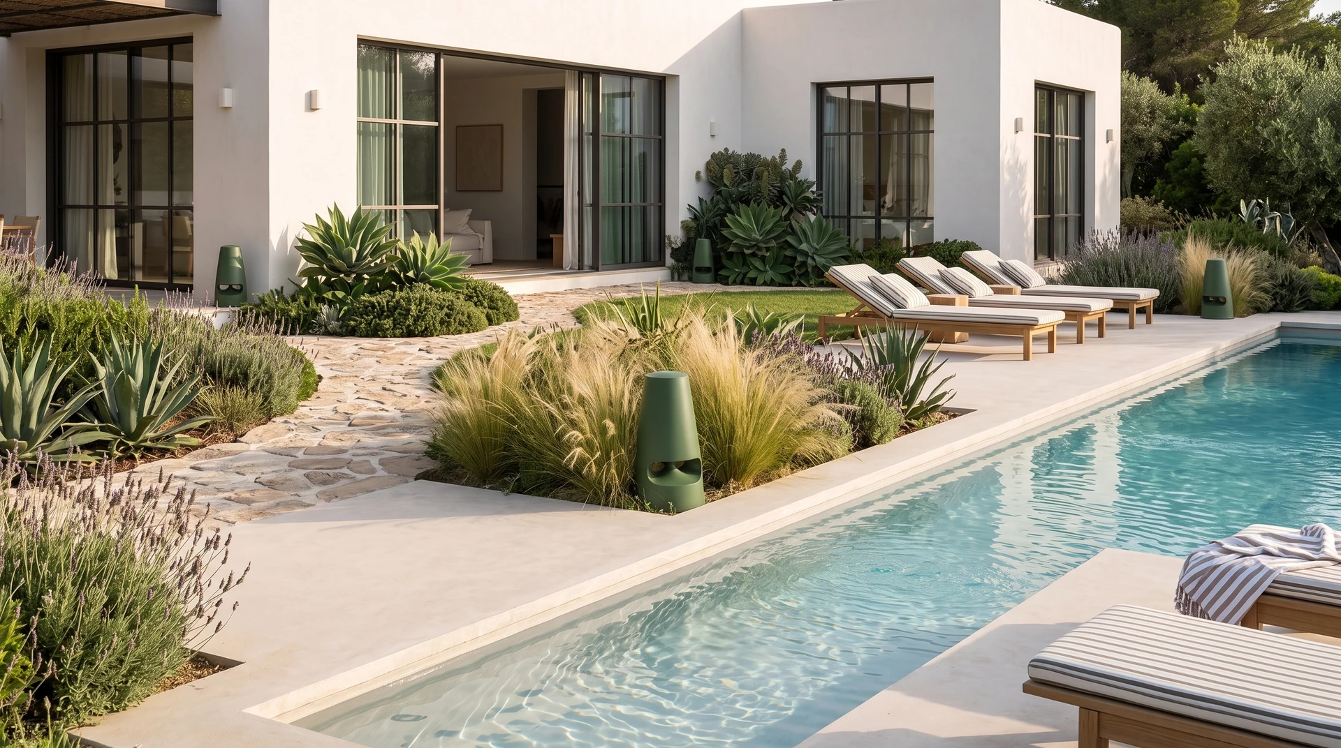Giardino con diffusori verdi nelle aiuole lungo la piscina e sedute davanti alla villa.