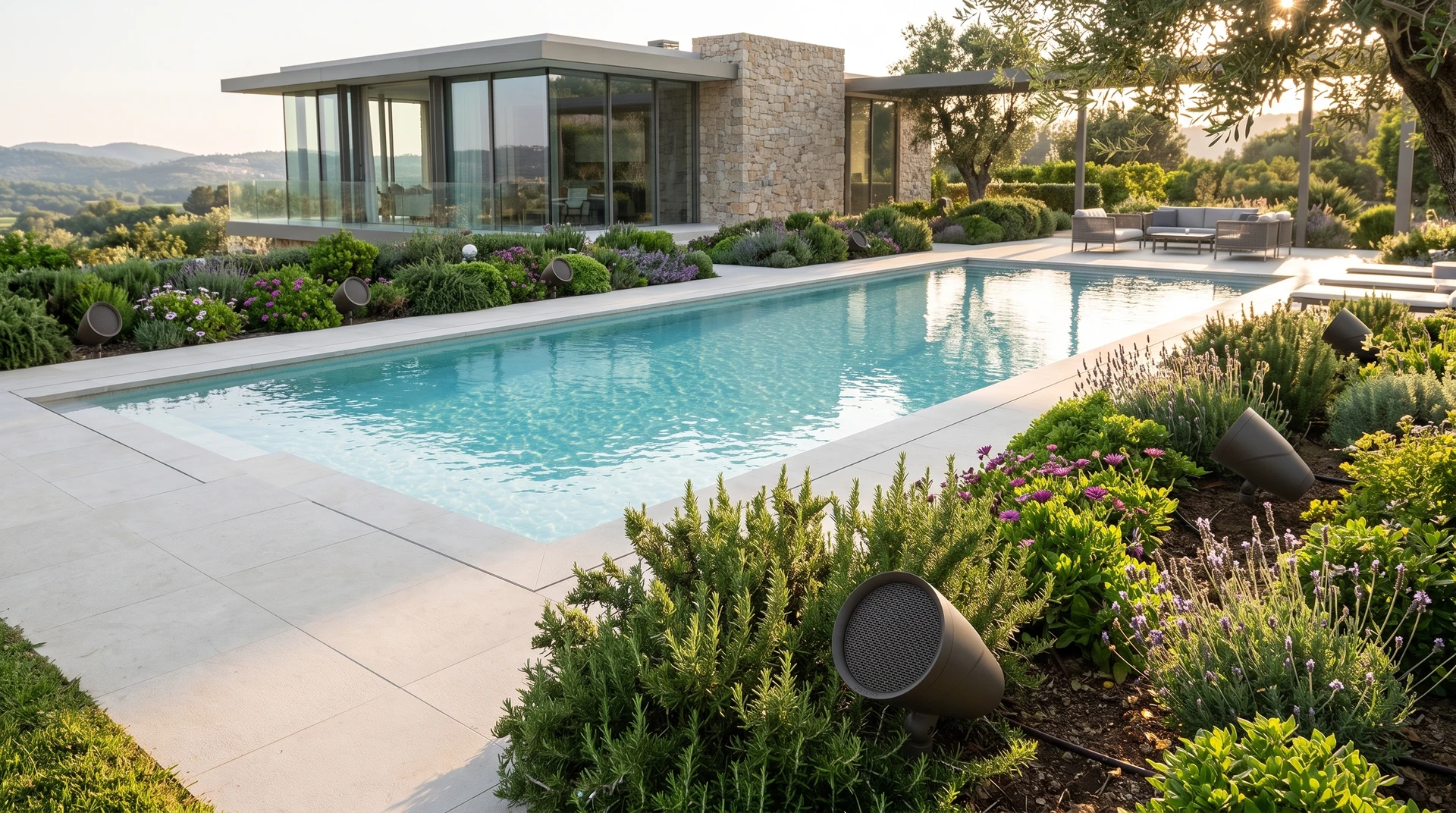 Diffusori con griglia circolare tra le aiuole di un giardino con piscina.