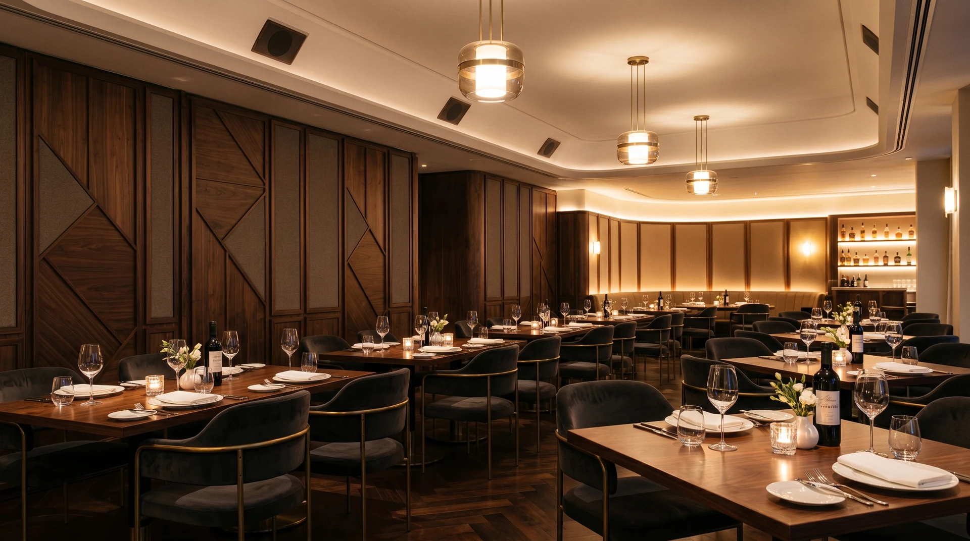 I diffusori a soffitto seguono la distribuzione dei tavoli della sala Sala ristorante con tavoli apparecchiati, boiserie in legno e diffusori inclinati a soffitto.