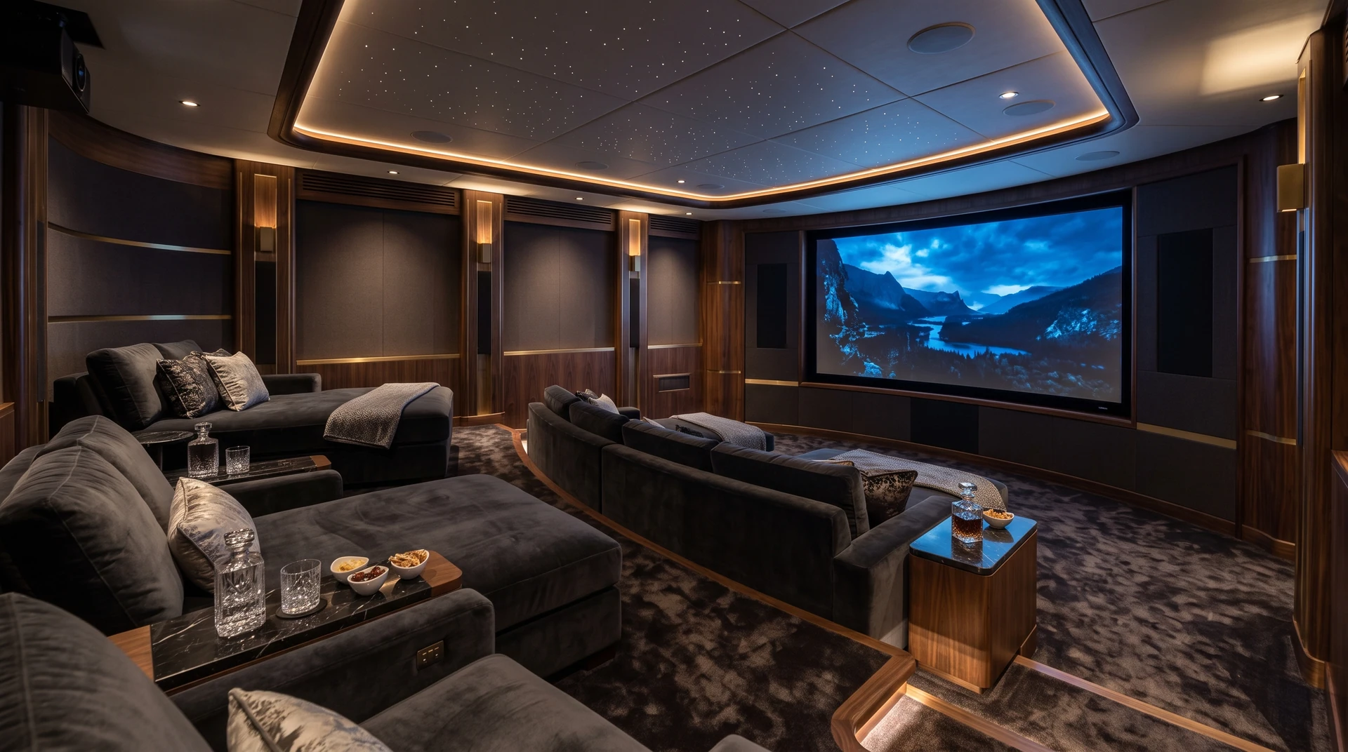 Sala cinema a bordo con divani, cielo stellato e grande schermo.
