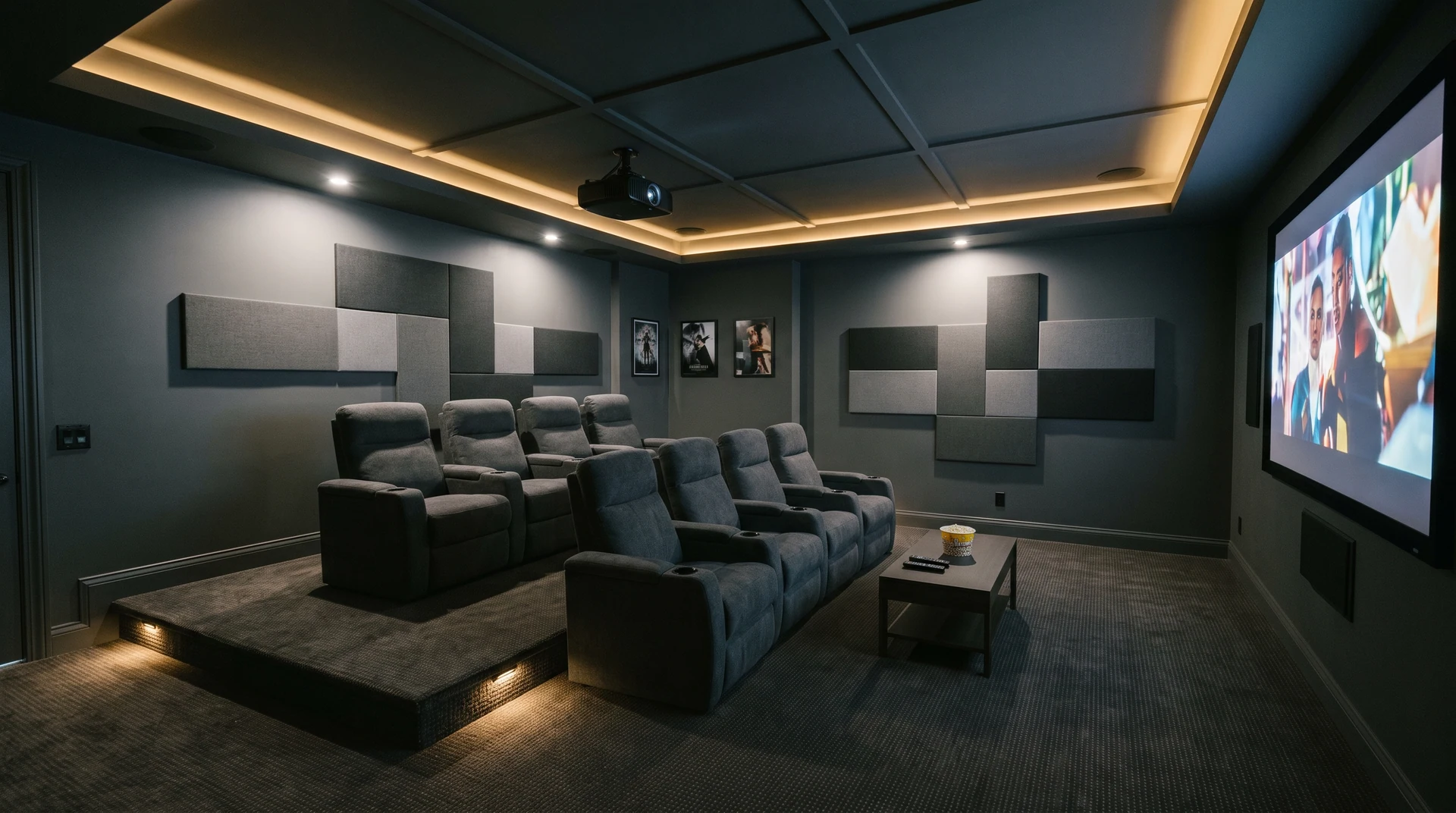 Sala cinema con pedana, sedute scure e pannelli acustici a parete.