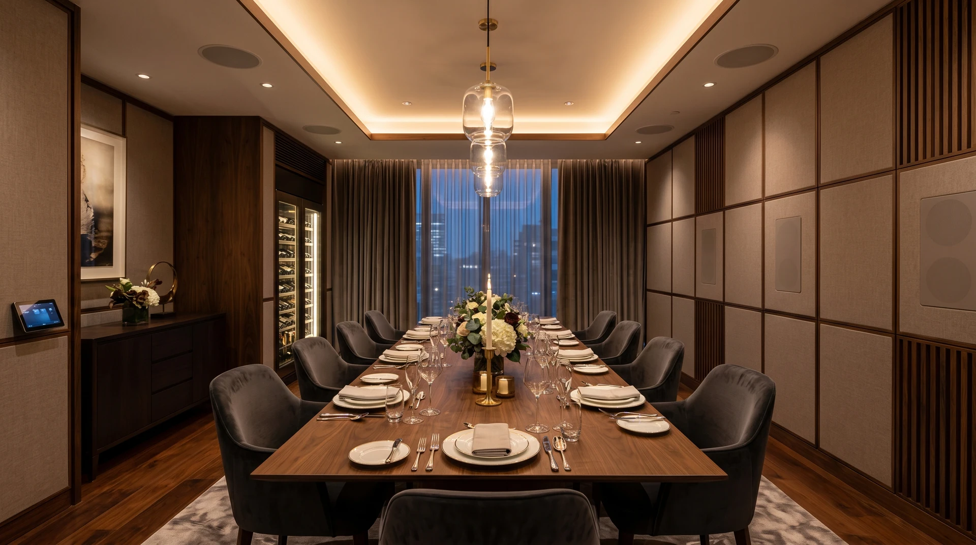 Sala da pranzo con tavolo apparecchiato, pannellature in legno e diffusori circolari a soffitto.
