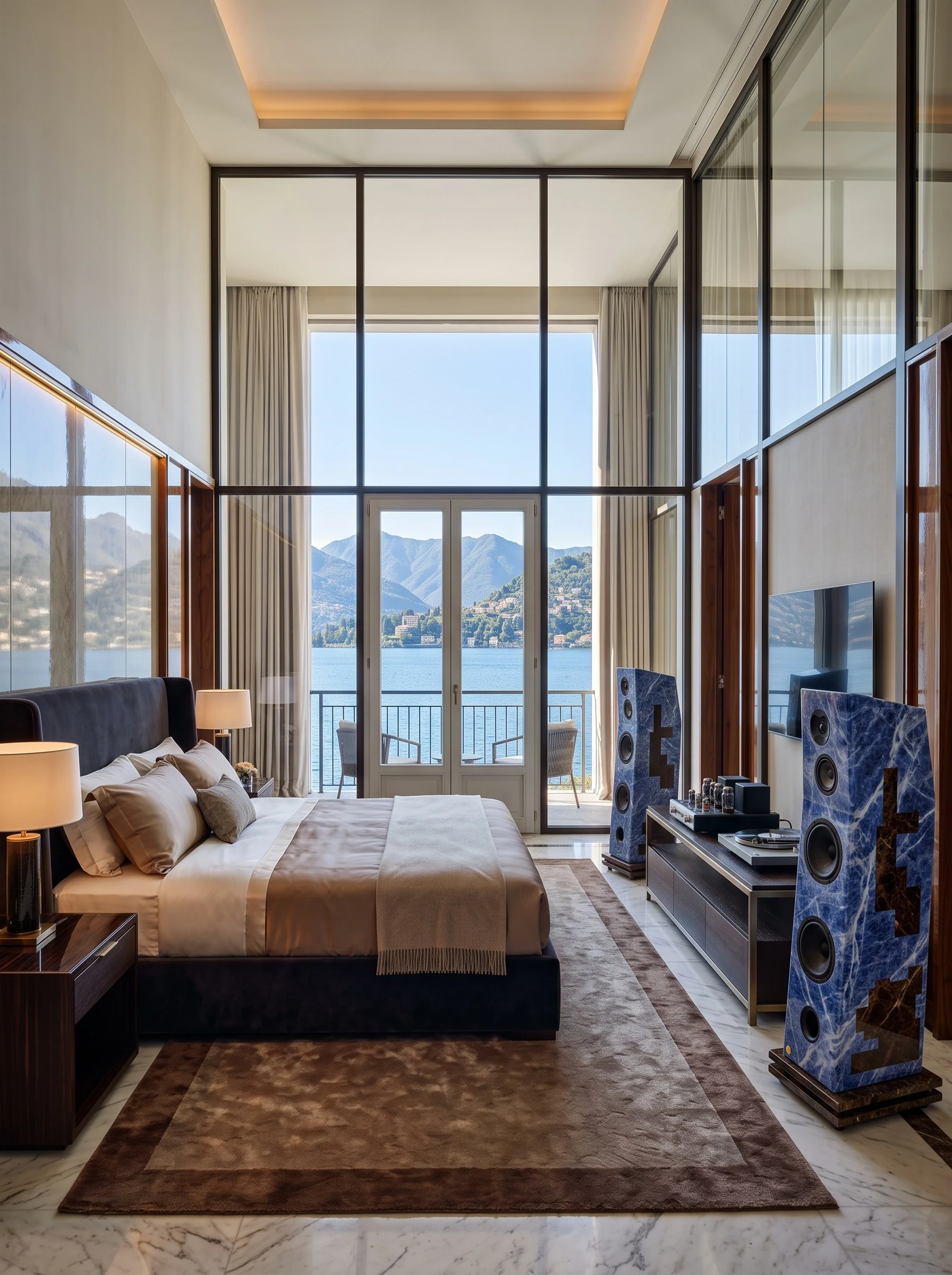 Suite a doppia altezza con arredi, parete audio e luce naturale Suite a doppia altezza con arredi, parete audio e luce naturale.