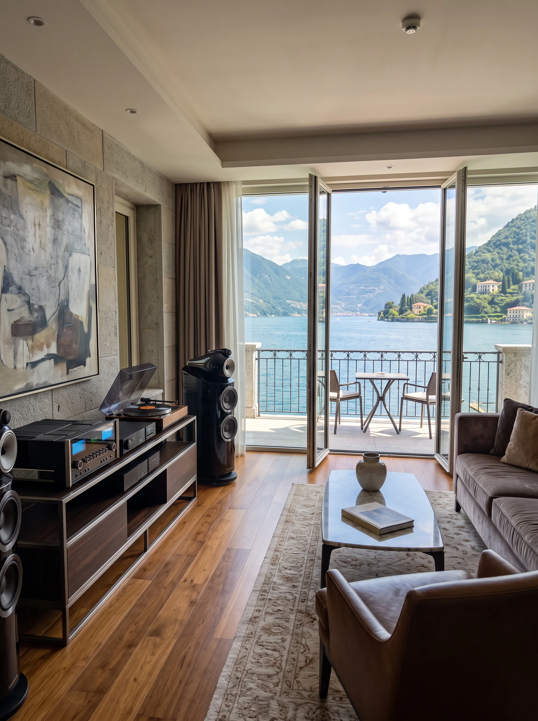 Suite con area di ascolto Hi-Fi, divano e portafinestra affacciata sul lago.