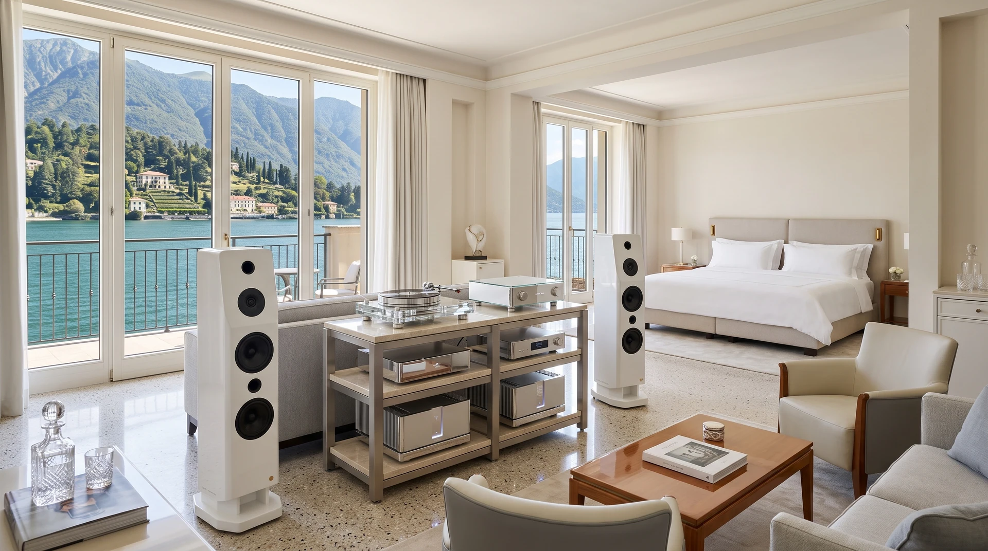 Il sistema stereo e il giradischi nella zona giorno della suite Suite chiara con due diffusori bianchi, giradischi, elettroniche e letto vicino alle vetrate sul lago.