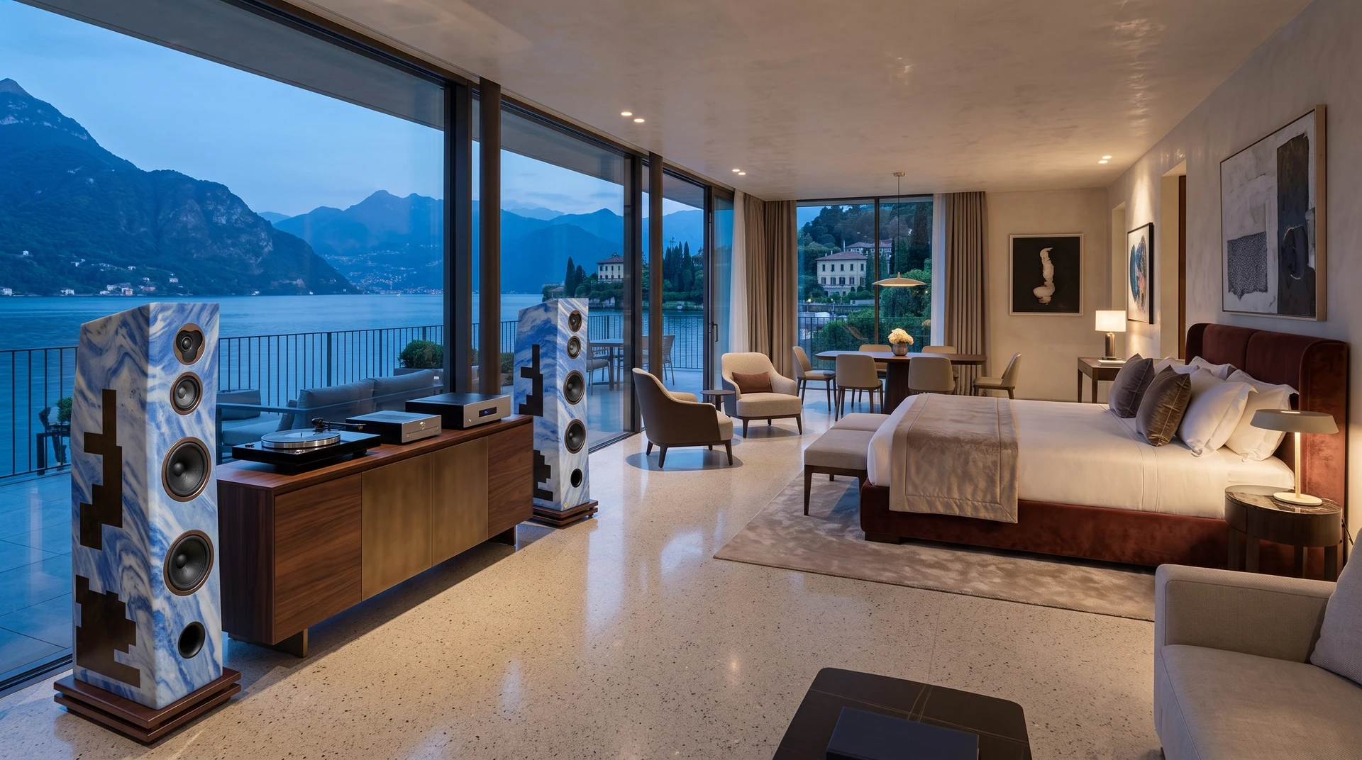 Suite con parete musicale, zona relax e ampie vetrate.