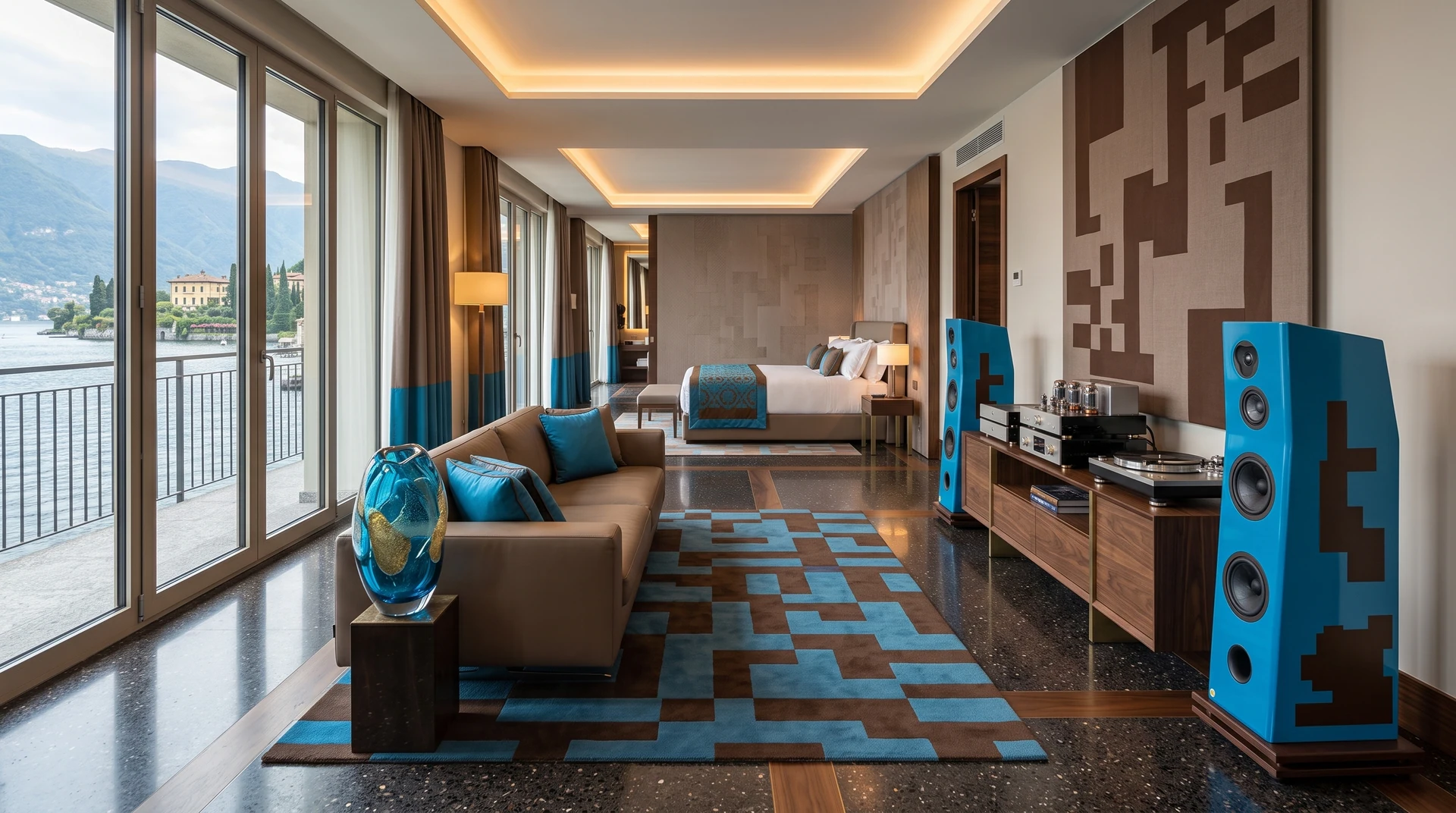 Suite con salotto, parete audio e finiture blu coordinate agli arredi.