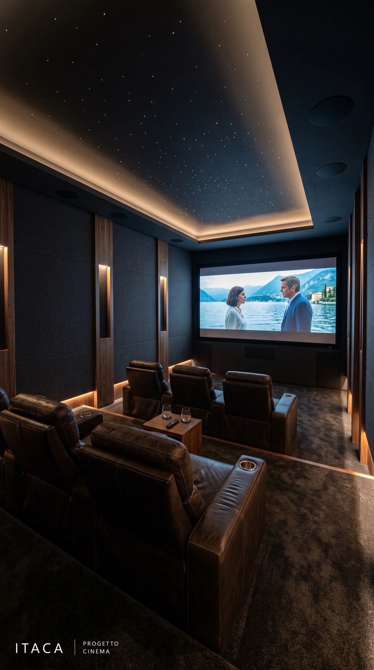 La sala cinema dedicata, con sedute reclinabili e soffitto stellato.