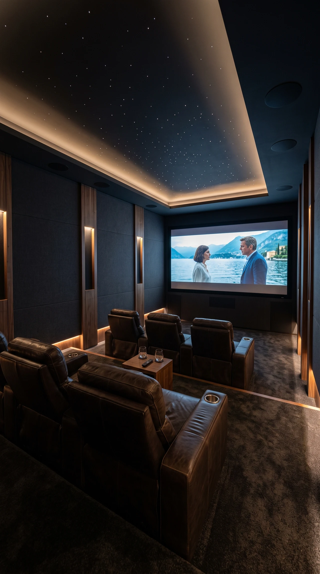 La sala cinema dedicata, con sedute reclinabili e soffitto stellato.