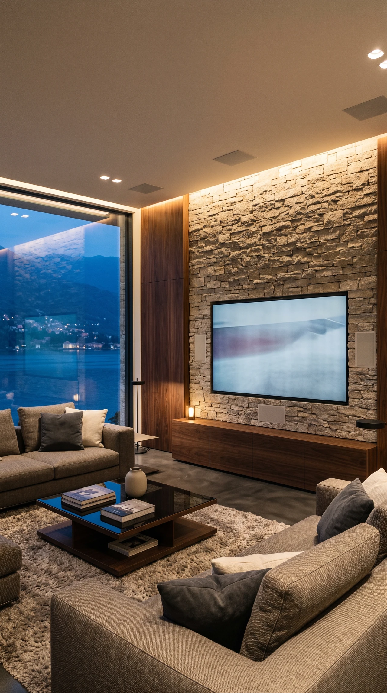 Villa Lario — living e parete video Il living con parete video in pietra, divani e vetrata sul lago.