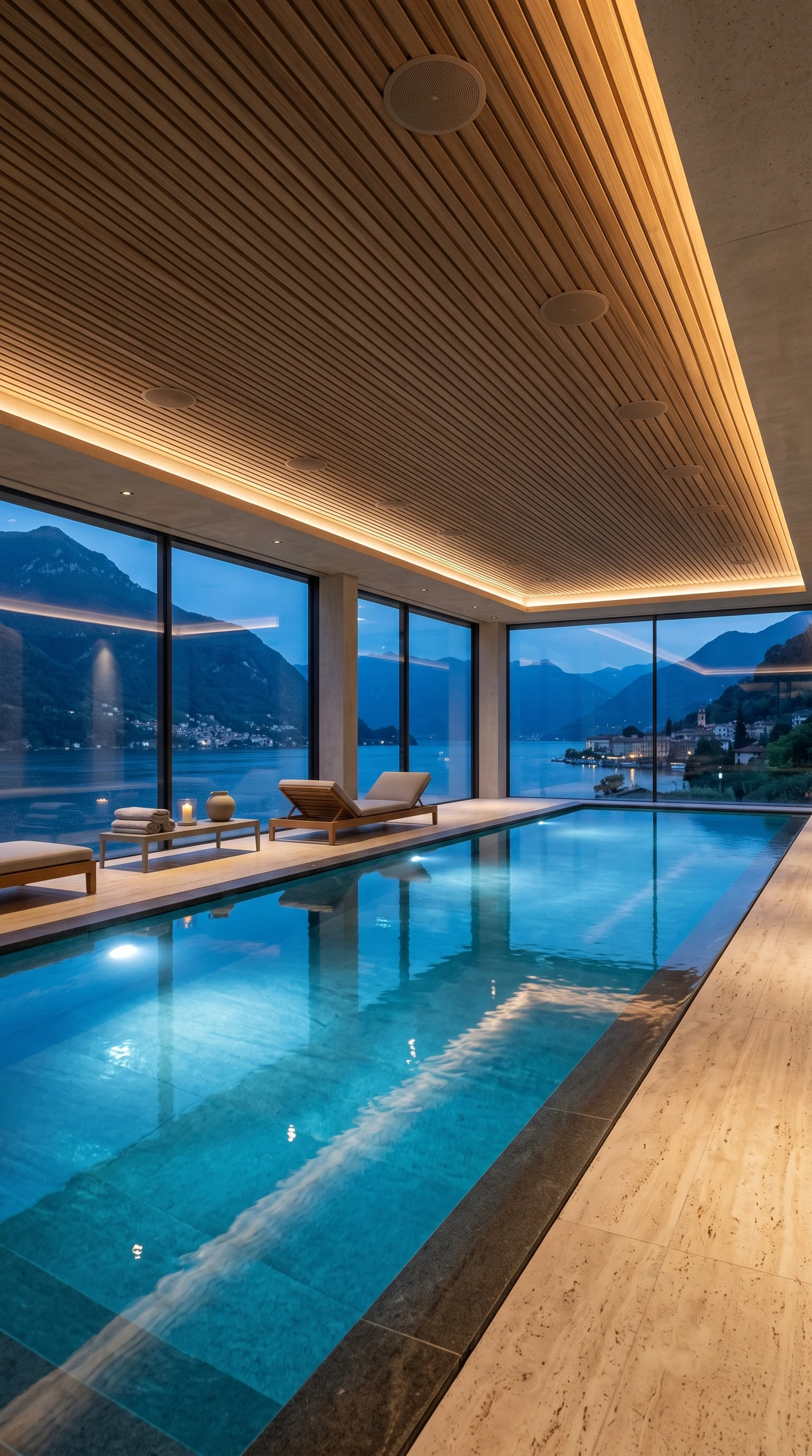 La piscina interna con soffitto in legno e vetrate sul paesaggio.