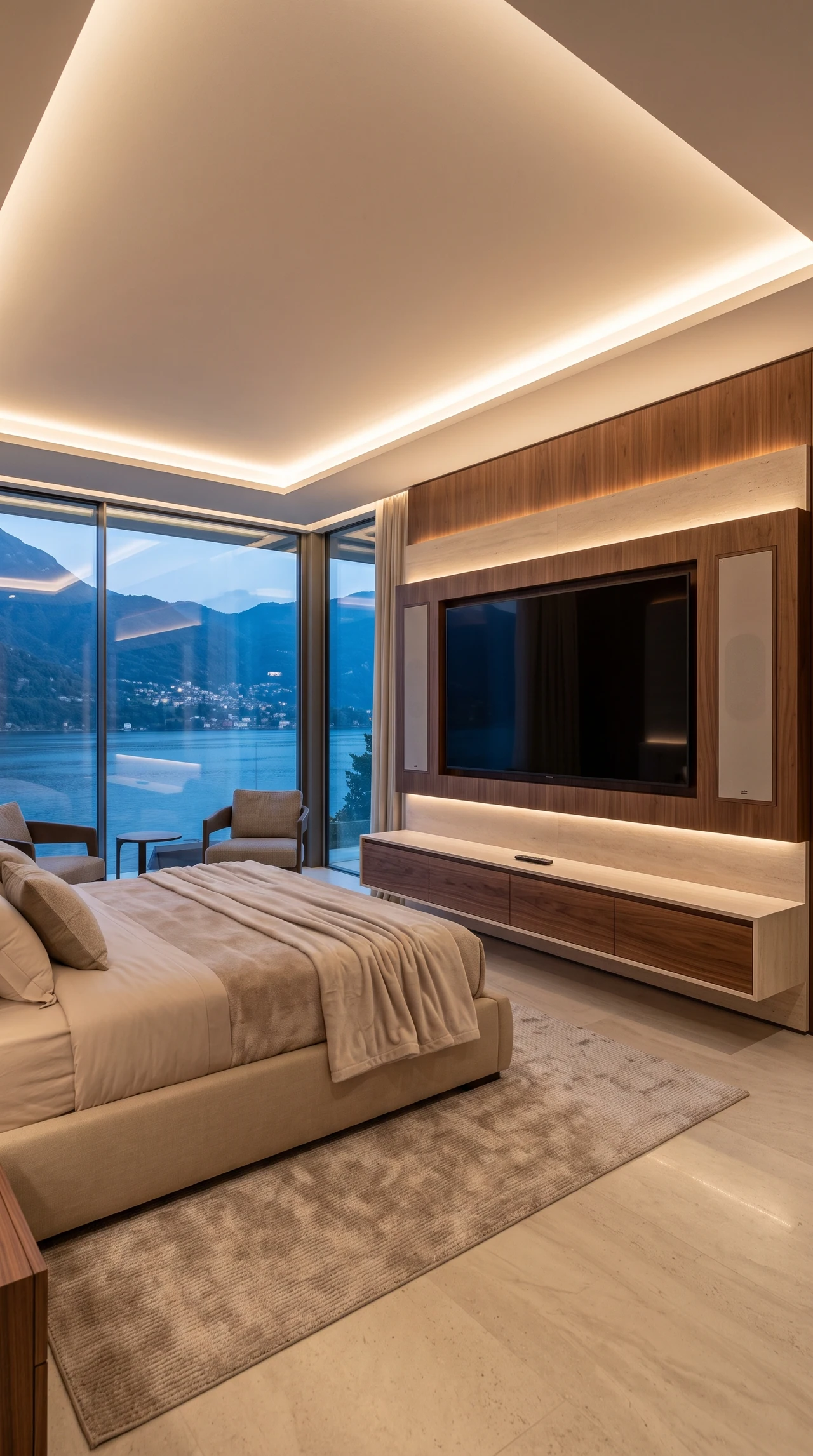 La suite con schermo integrato nella parete in legno.