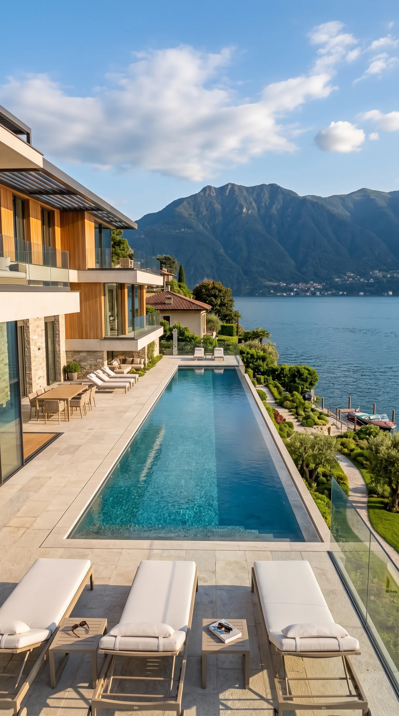 La terrazza con piscina e aree relax rivolte verso il lago.