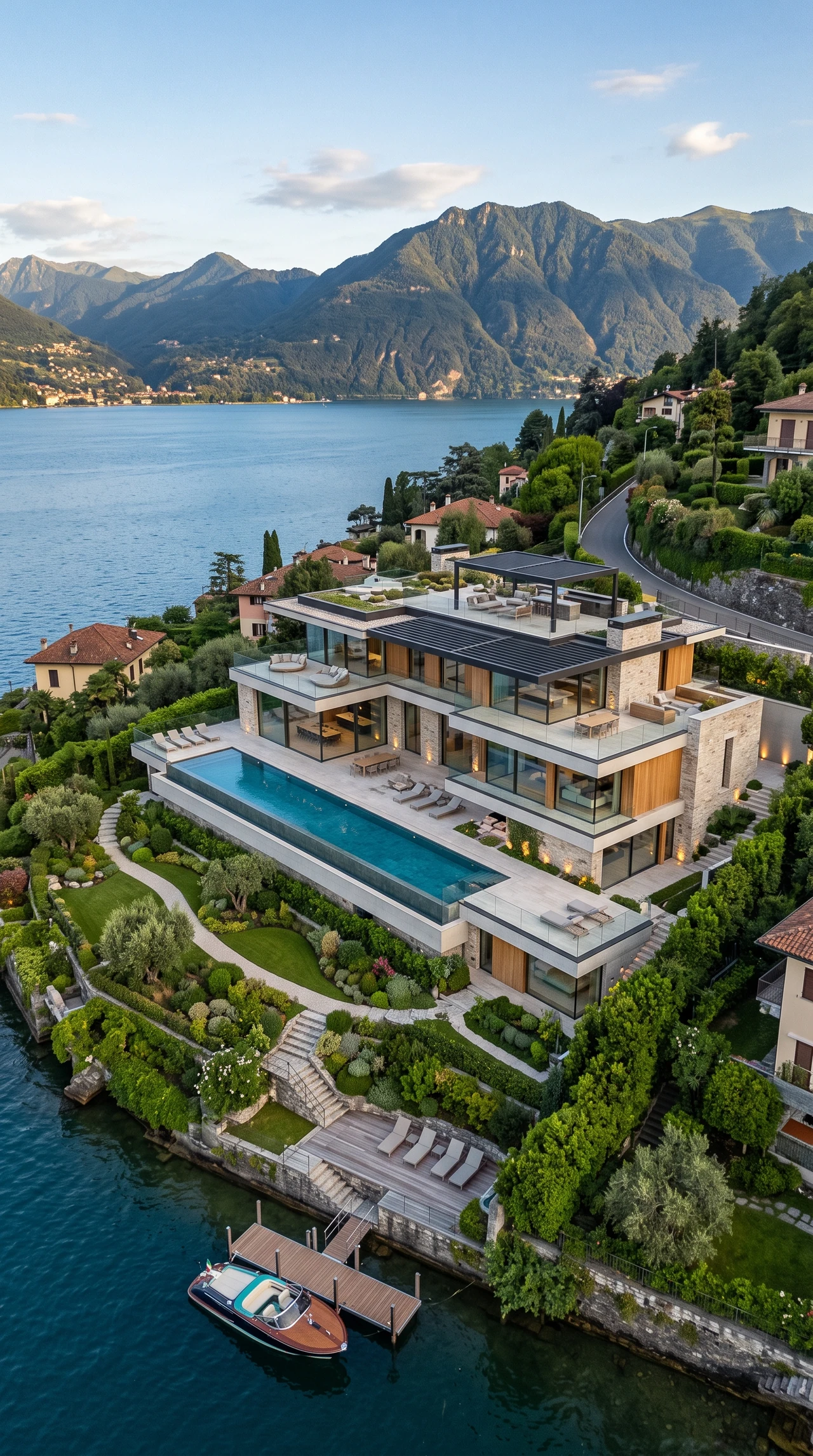 La villa affacciata sul Lago di Como, con terrazze e piscina.