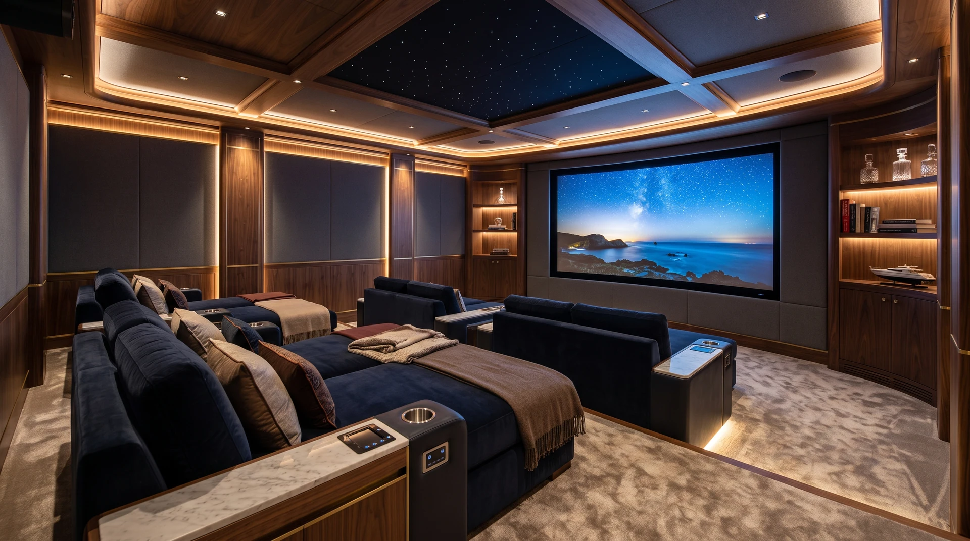 Sala cinema di bordo con sedute lounge, cielo stellato e schermo tra rivestimenti in legno.