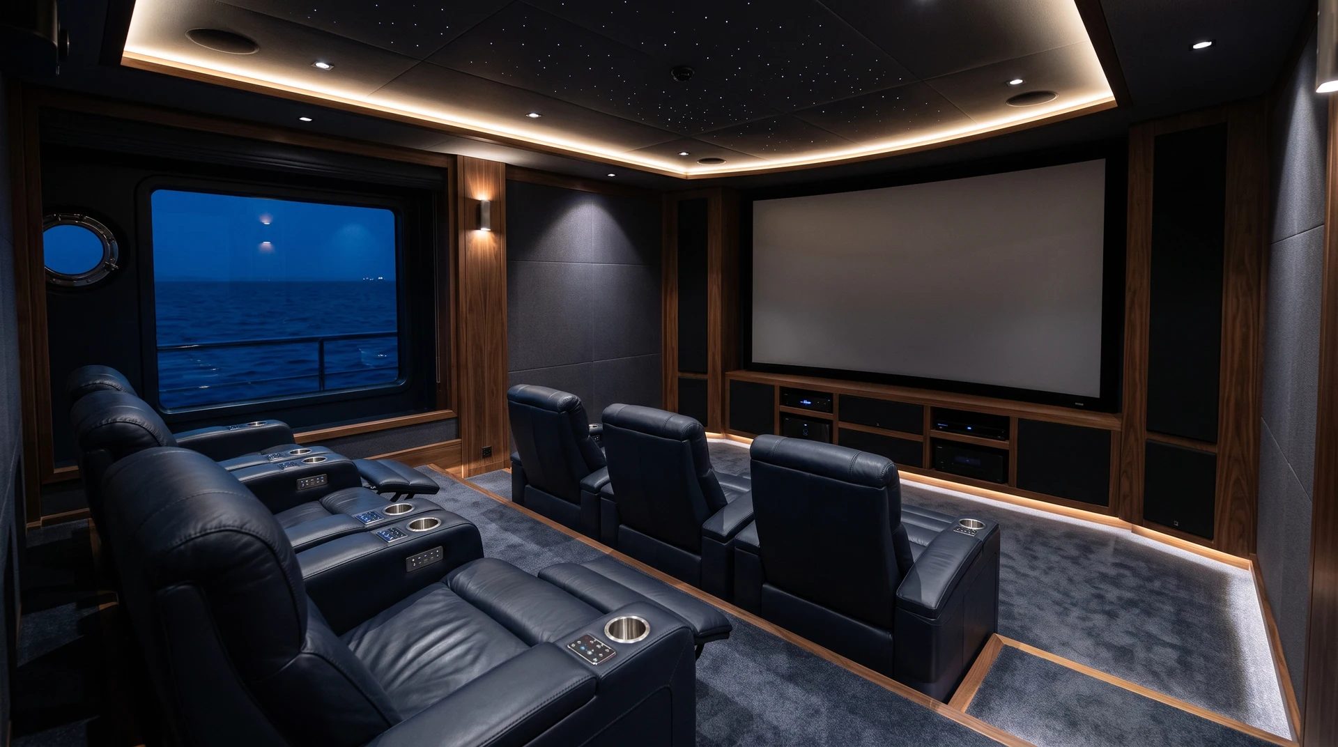 Sala cinema a bordo con poltrone su due livelli, schermo bianco e finestra sul mare.