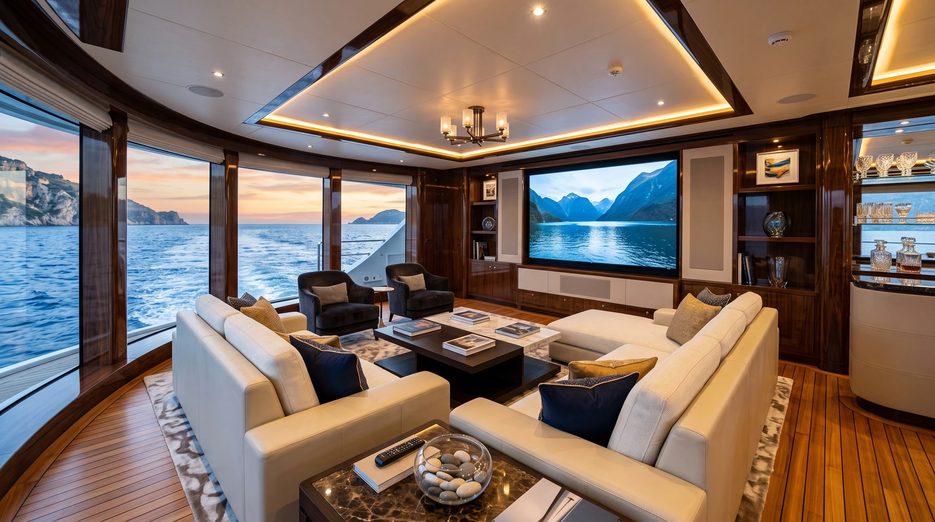 Salone di bordo con schermo a parete, divani chiari e ampie vetrate sul mare.
