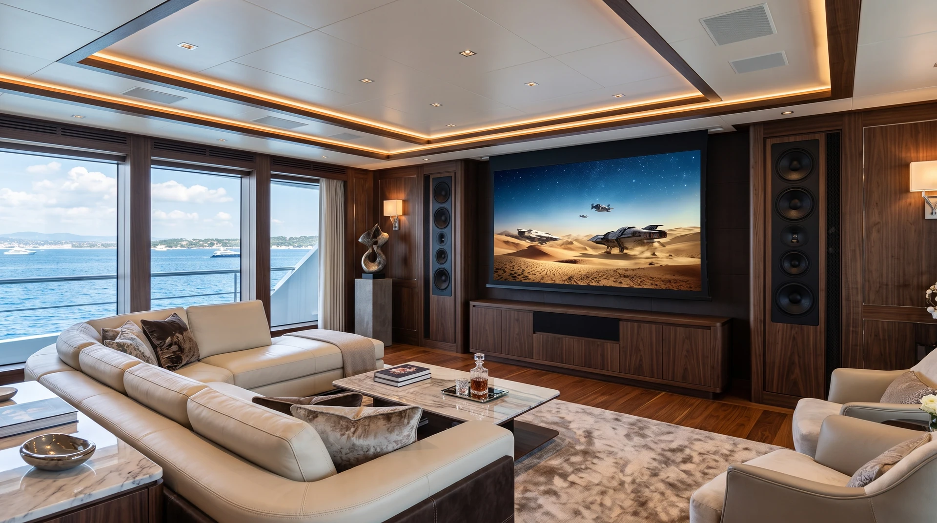 Salone di yacht con grande schermo, diffusori integrati nella boiserie e divani chiari.