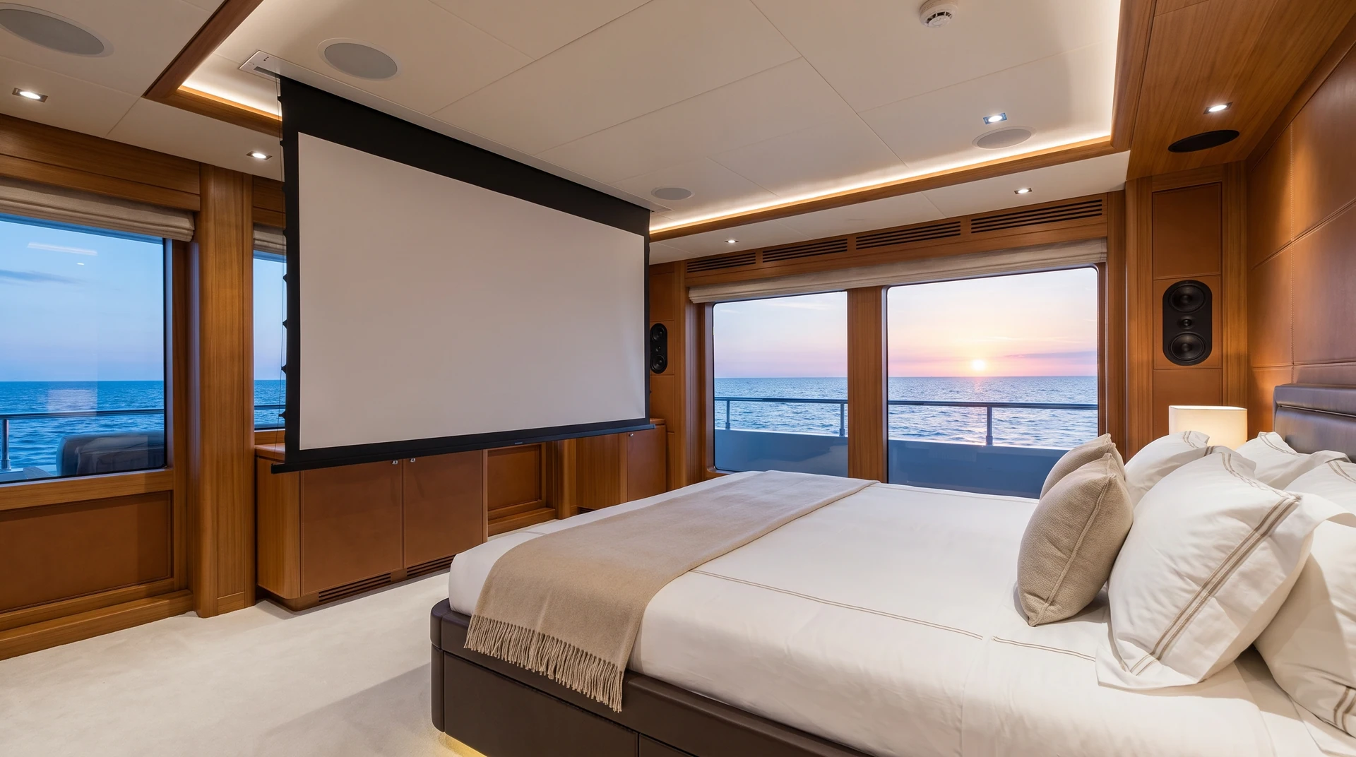 Cabina di yacht con schermo abbassato davanti al letto, diffusori a parete e finestre sul mare.