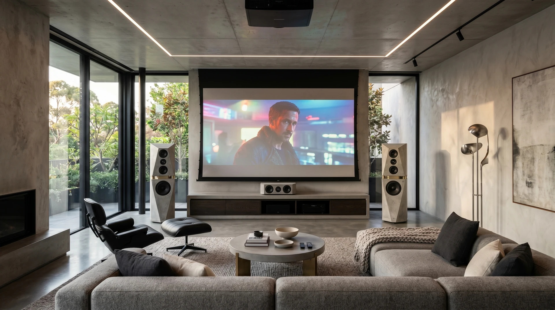 Zona giorno luminosa con schermo, proiettore a soffitto e sistema audio.